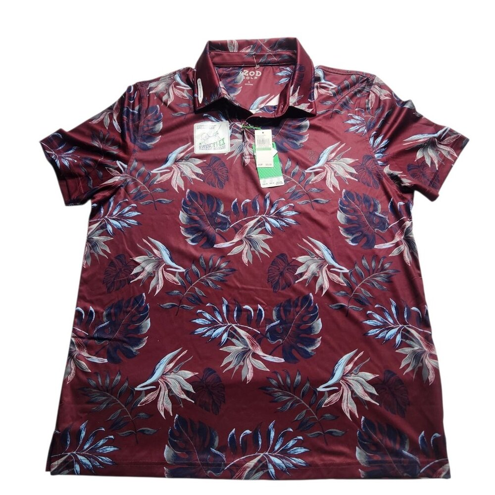 Izod Golf Mens Swing Flex Polo Shirt Maroon Floral Print UPF 50 Stretch Size L